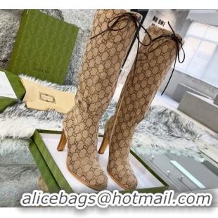 Good Quality Gucci GG Canvas Lace-up High Boots 8.5cm Beige 11642