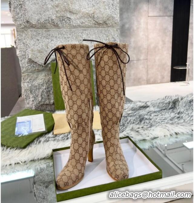 Good Quality Gucci GG Canvas Lace-up High Boots 8.5cm Beige 11642