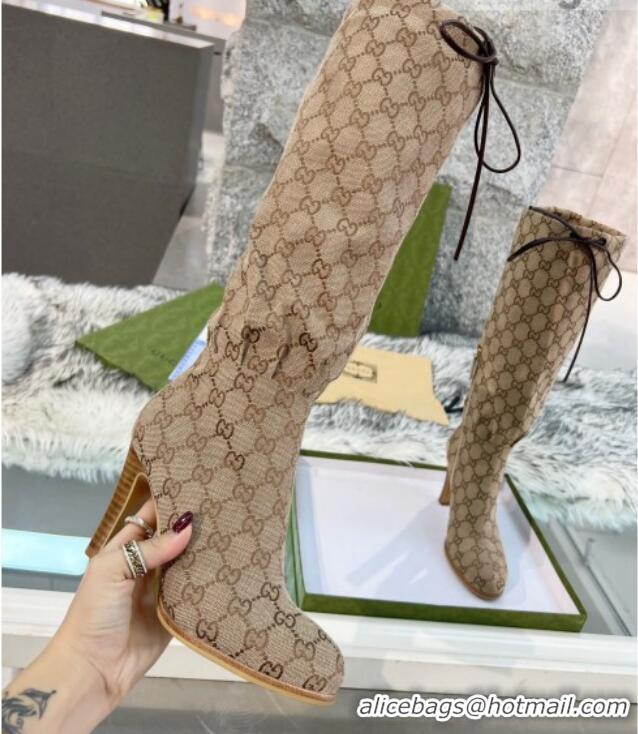 Good Quality Gucci GG Canvas Lace-up High Boots 8.5cm Beige 11642