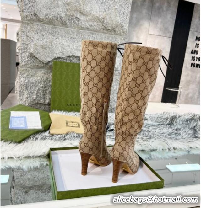 Good Quality Gucci GG Canvas Lace-up High Boots 8.5cm Beige 11642