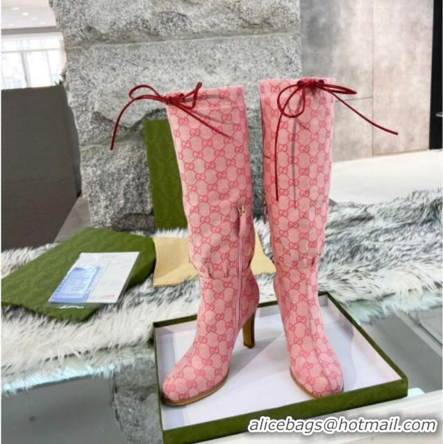 Top Quality Gucci GG Canvas Lace-up High Boots 8.5cm Pink 11646