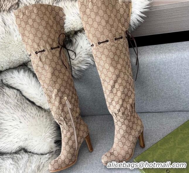 Best Design Gucci GG Canvas Lace-up High Boots 8.5cm Beige 11647