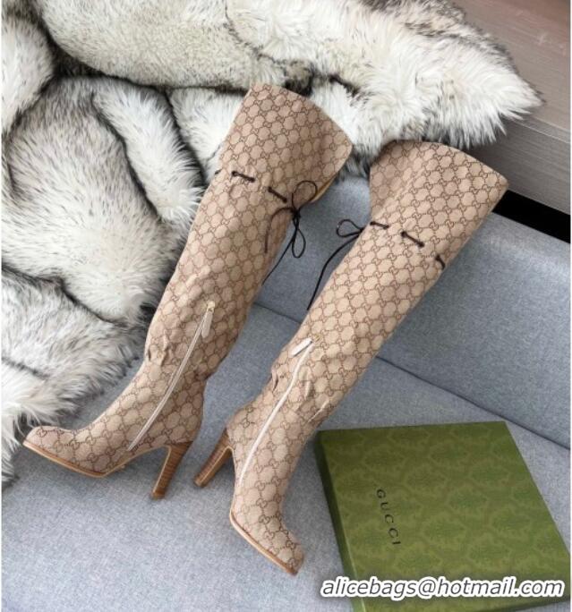 Best Design Gucci GG Canvas Lace-up High Boots 8.5cm Beige 11647