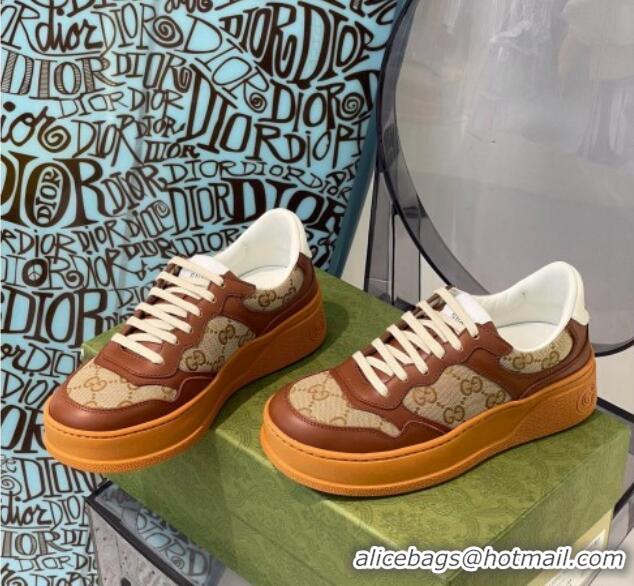 Top Design Gucci GG Canvas and Leather Sneakers Beige/Brown 112322