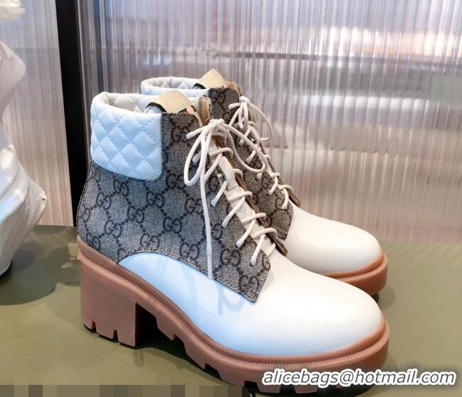 Pretty Style Gucci GG Canvas and Leather Lace-up Ankle Boots 112324 White