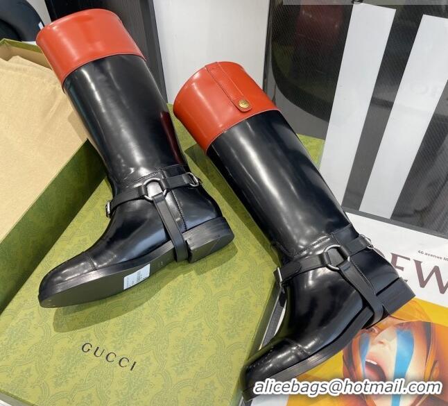 Unique Style Gucci Leather Knee-high boot with Harness 112330 Black/Brown