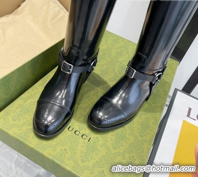 Unique Style Gucci Leather Knee-high boot with Harness 112330 Black/Brown