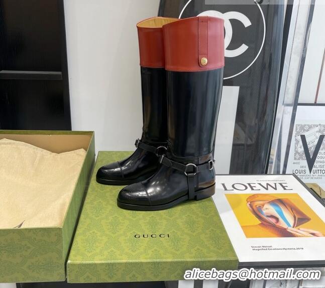 Unique Style Gucci Leather Knee-high boot with Harness 112330 Black/Brown