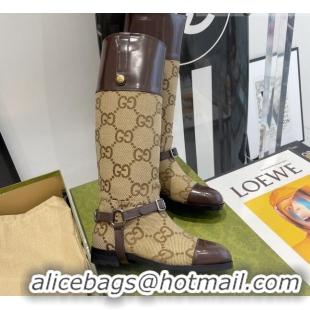 Good Quality Gucci GG Canvas and Leather Knee-high boot with Harness 112331 Beige/Brown