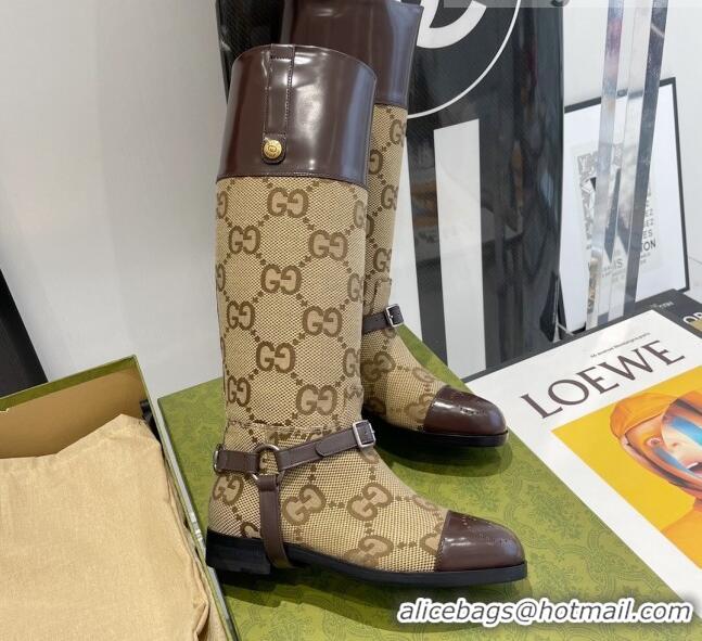 Good Quality Gucci GG Canvas and Leather Knee-high boot with Harness 112331 Beige/Brown