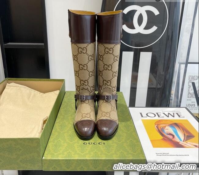 Good Quality Gucci GG Canvas and Leather Knee-high boot with Harness 112331 Beige/Brown