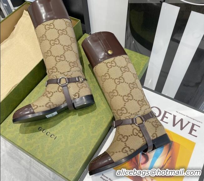 Good Quality Gucci GG Canvas and Leather Knee-high boot with Harness 112331 Beige/Brown