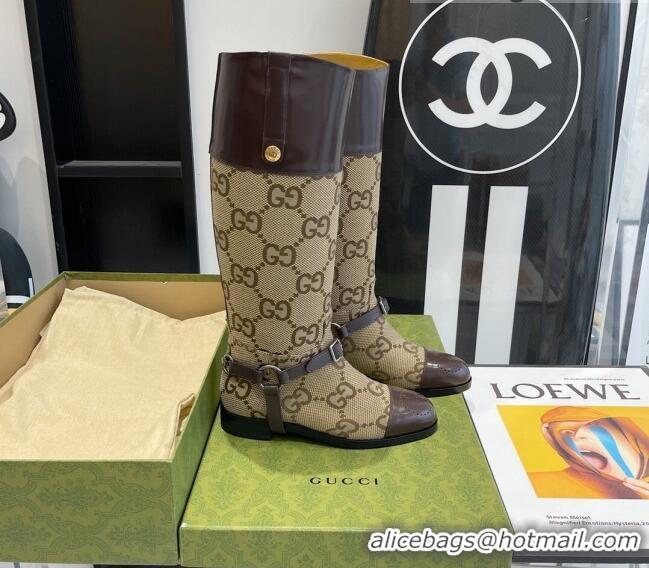 Good Quality Gucci GG Canvas and Leather Knee-high boot with Harness 112331 Beige/Brown