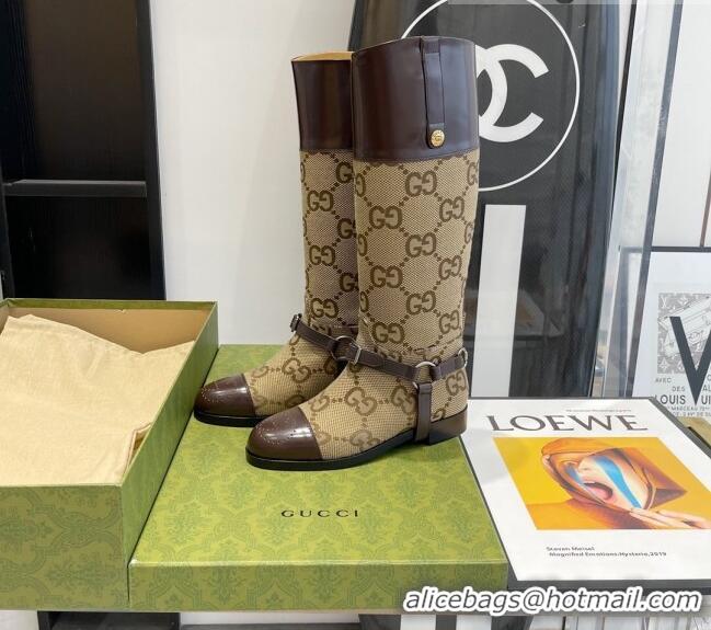 Good Quality Gucci GG Canvas and Leather Knee-high boot with Harness 112331 Beige/Brown