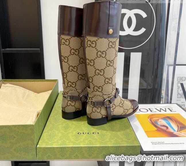 Good Quality Gucci GG Canvas and Leather Knee-high boot with Harness 112331 Beige/Brown