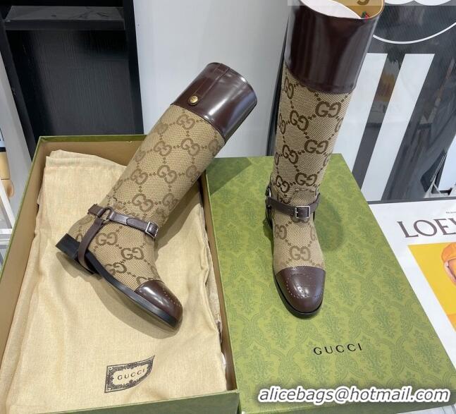 Good Quality Gucci GG Canvas and Leather Knee-high boot with Harness 112331 Beige/Brown