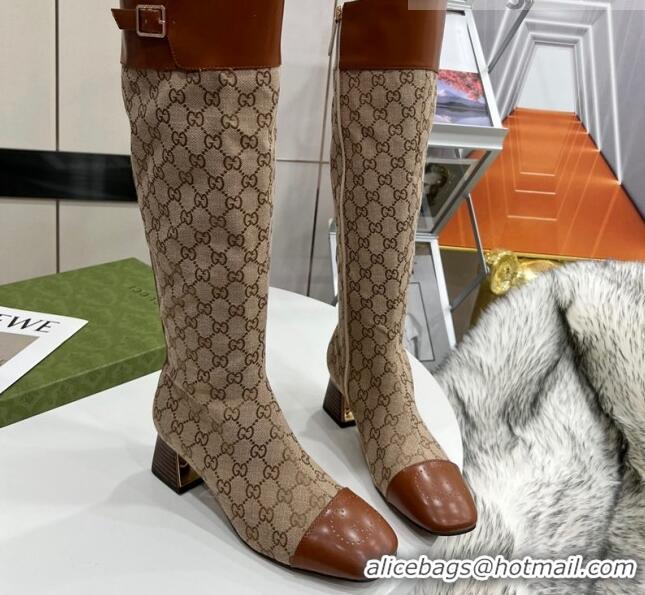 Shop Duplicate Gucci GG Canvas Knee-High Boot 121335 Beige/Brown