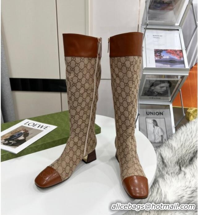 Shop Duplicate Gucci GG Canvas Knee-High Boot 121335 Beige/Brown