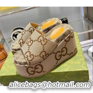 Luxury Gucci Maxi GG Canvas Wedge Slide Sandals 12cm 121347 Beige 