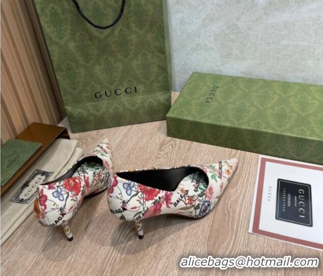 Luxurious Balenciaga x Gucci The Hacker Project Flora Print Pumps 8cm White 121355