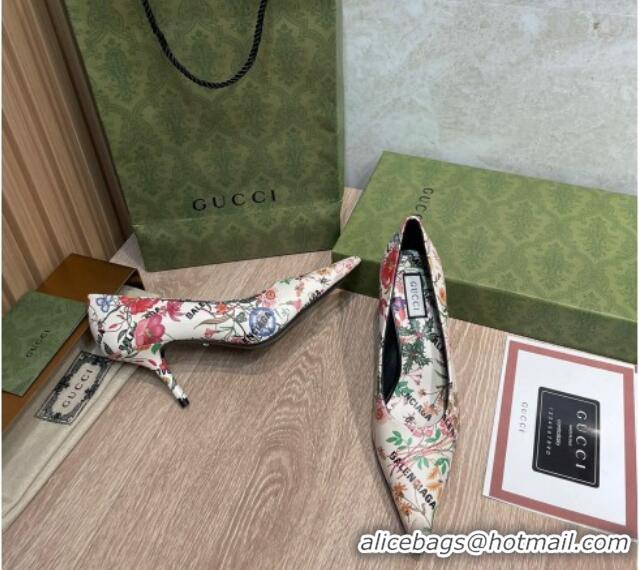 Luxurious Balenciaga x Gucci The Hacker Project Flora Print Pumps 8cm White 121355