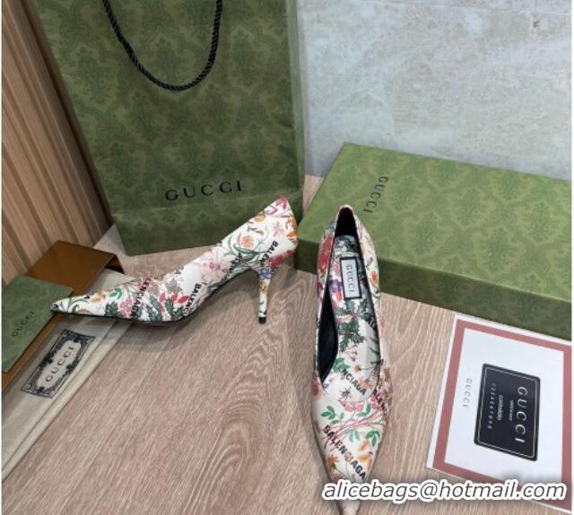 Luxurious Balenciaga x Gucci The Hacker Project Flora Print Pumps 8cm White 121355