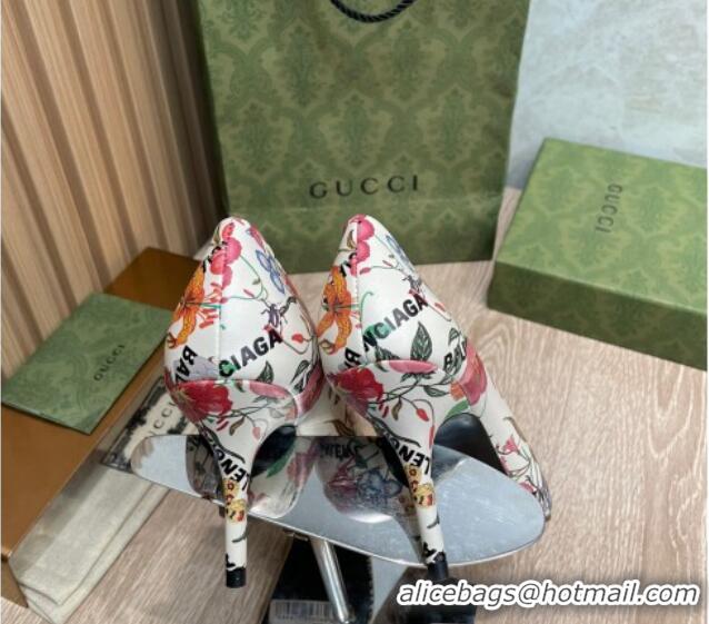 Luxurious Balenciaga x Gucci The Hacker Project Flora Print Pumps 8cm White 121355