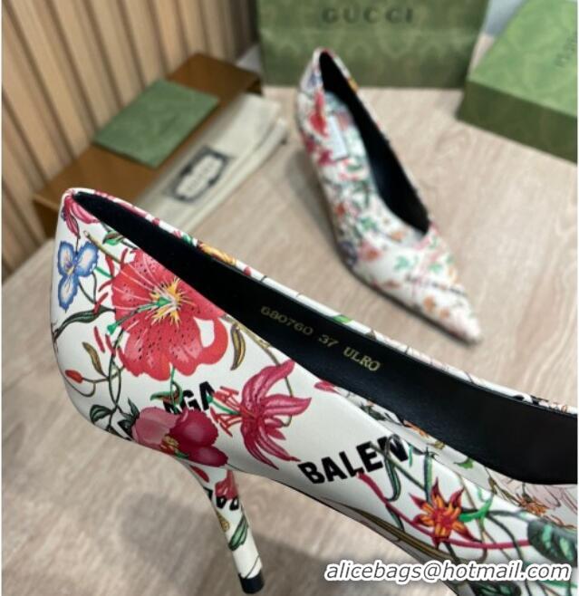 Luxurious Balenciaga x Gucci The Hacker Project Flora Print Pumps 8cm White 121355