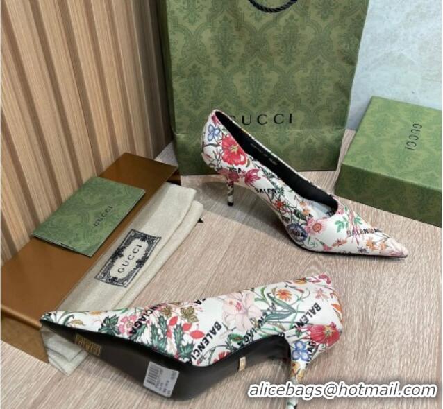 Luxurious Balenciaga x Gucci The Hacker Project Flora Print Pumps 8cm White 121355