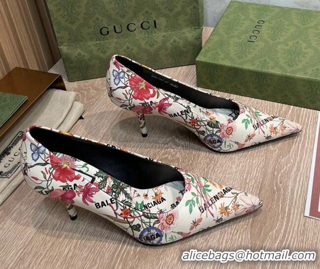 Luxurious Balenciaga x Gucci The Hacker Project Flora Print Pumps 8cm White 121355