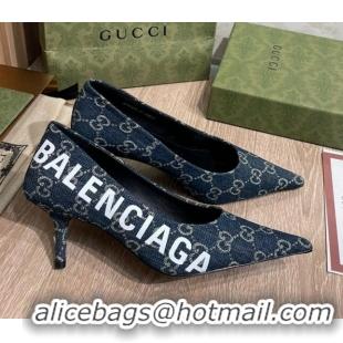 Luxury Discount Balenciaga x Gucci The Hacker Project GG Denim Square Knife Pumps 6.5cm Blue 121356