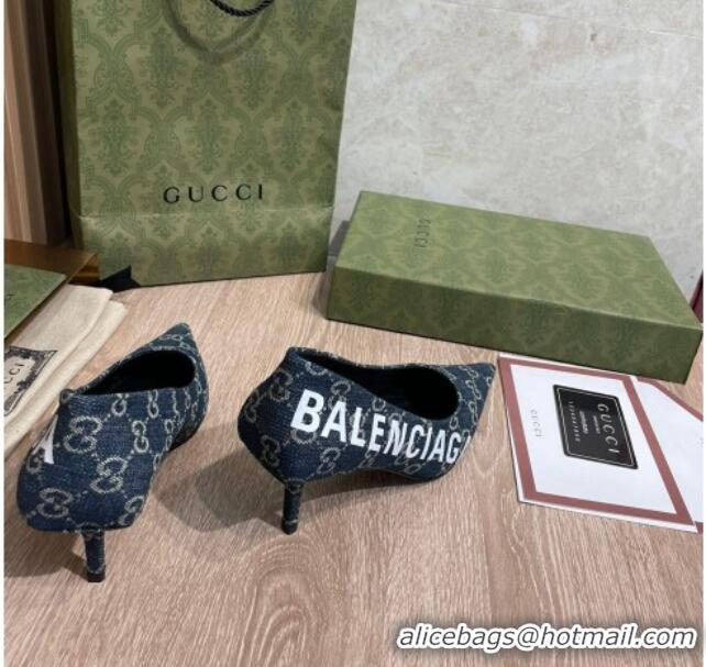 Luxury Discount Balenciaga x Gucci The Hacker Project GG Denim Square Knife Pumps 6.5cm Blue 121356