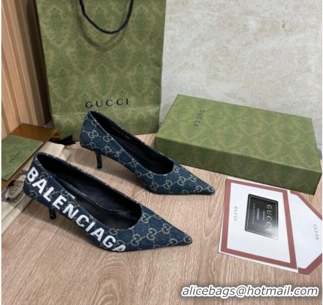 Luxury Discount Balenciaga x Gucci The Hacker Project GG Denim Square Knife Pumps 6.5cm Blue 121356