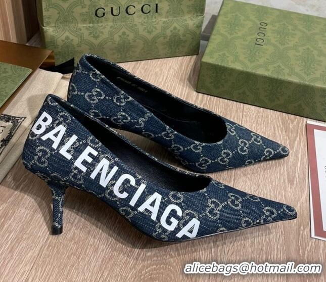 Luxury Discount Balenciaga x Gucci The Hacker Project GG Denim Square Knife Pumps 6.5cm Blue 121356