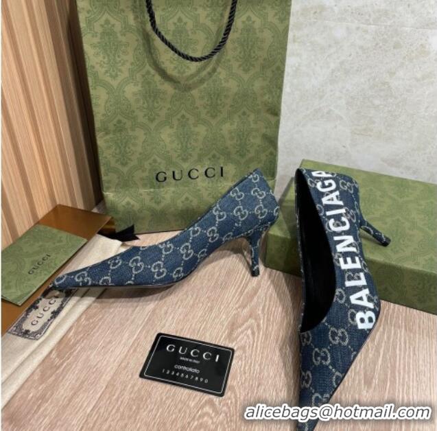 Luxury Discount Balenciaga x Gucci The Hacker Project GG Denim Square Knife Pumps 6.5cm Blue 121356