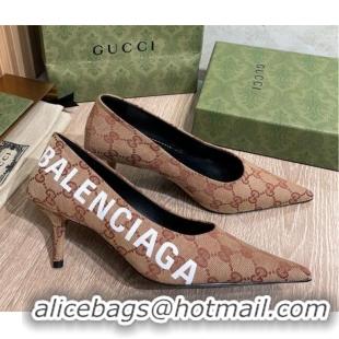 Feminine Balenciaga x Gucci The Hacker Project GG Canvas Square Knife Pumps 6.5cm Beige/Brick Red 121357