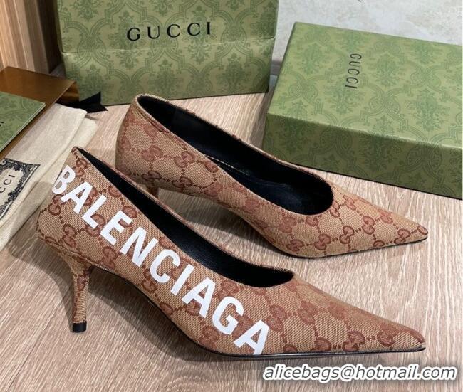 Feminine Balenciaga x Gucci The Hacker Project GG Canvas Square Knife Pumps 6.5cm Beige/Brick Red 121357