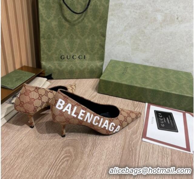 Feminine Balenciaga x Gucci The Hacker Project GG Canvas Square Knife Pumps 6.5cm Beige/Brick Red 121357