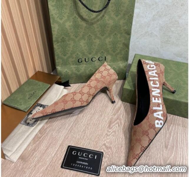 Feminine Balenciaga x Gucci The Hacker Project GG Canvas Square Knife Pumps 6.5cm Beige/Brick Red 121357