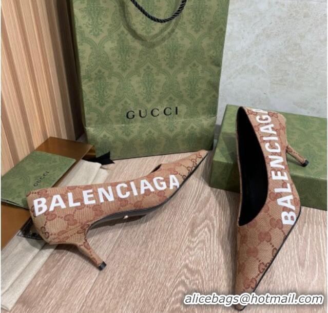 Feminine Balenciaga x Gucci The Hacker Project GG Canvas Square Knife Pumps 6.5cm Beige/Brick Red 121357