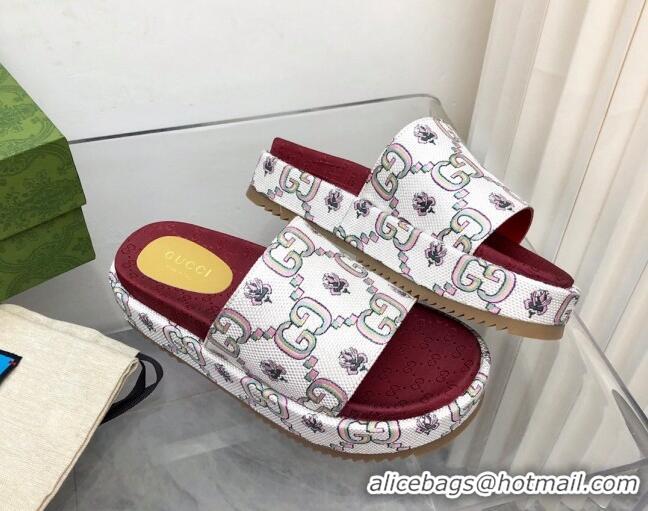 Discount Gucci 100 GG Flower Jacquard Platform Slide Sandals 121361 White