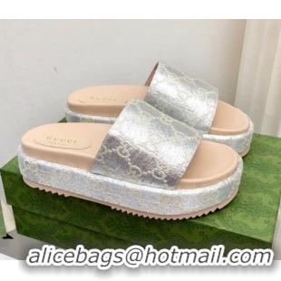 Best Price Gucci 100 GG Platform Slide Sandals Silver 121364