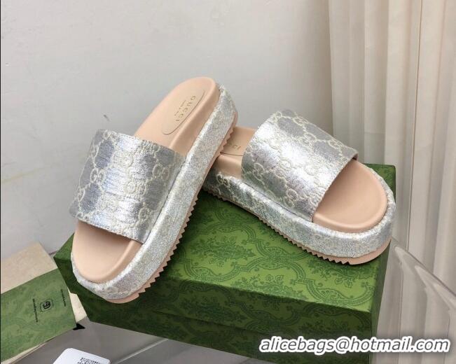 Best Price Gucci 100 GG Platform Slide Sandals Silver 121364