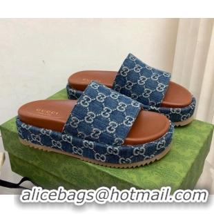 Hot Style Gucci 100 GG Denim Platform Slide Sandals Dark Blue 121365