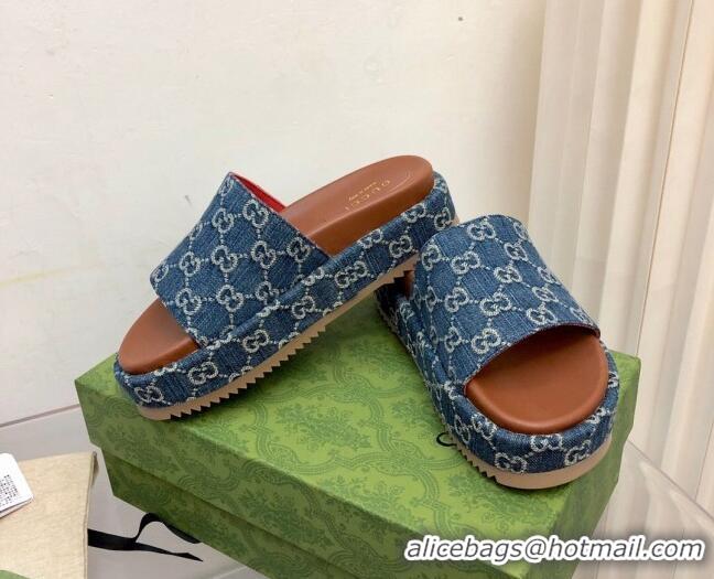 Hot Style Gucci 100 GG Denim Platform Slide Sandals Dark Blue 121365