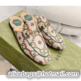 Top Design Gucci 100 Flower Jacquard Canvas Flat Mules White/Green 121378