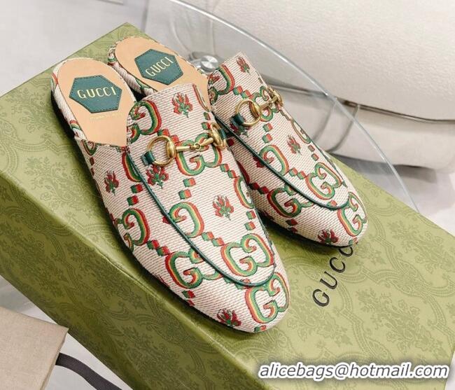 Top Design Gucci 100 Flower Jacquard Canvas Flat Mules White/Green 121378