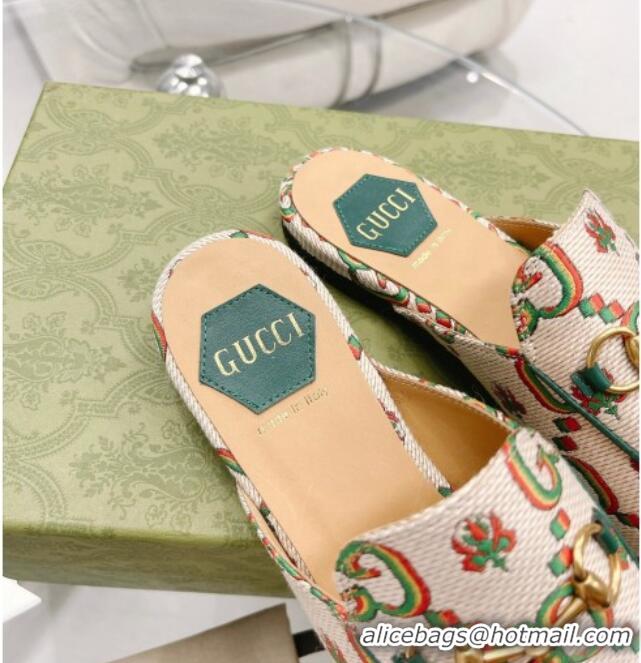 Top Design Gucci 100 Flower Jacquard Canvas Flat Mules White/Green 121378