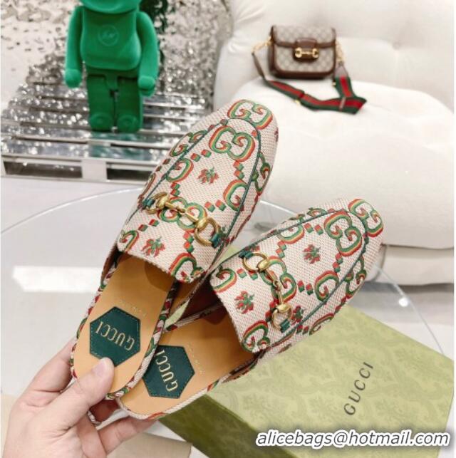 Top Design Gucci 100 Flower Jacquard Canvas Flat Mules White/Green 121378