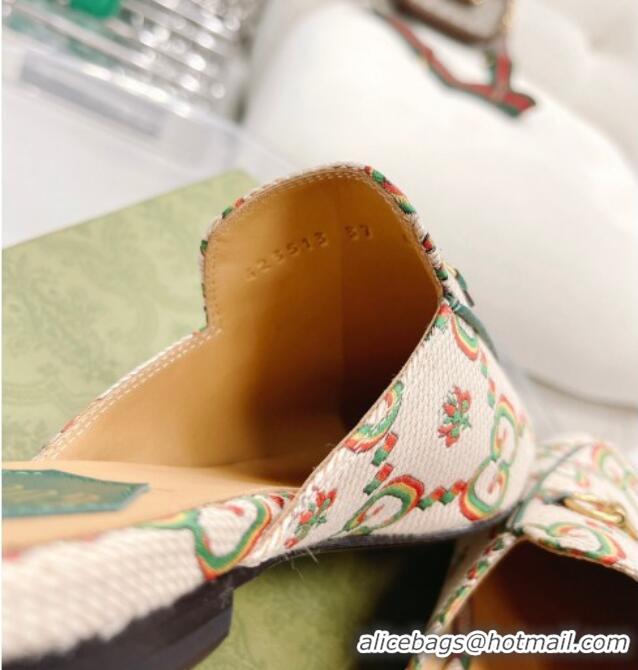 Top Design Gucci 100 Flower Jacquard Canvas Flat Mules White/Green 121378